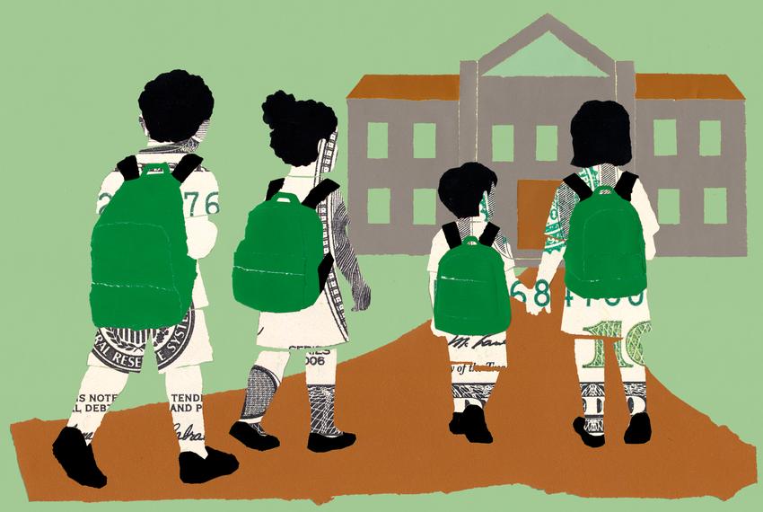 An illustration showing children as money outlines, wearing backpacks and walking toward a school building.