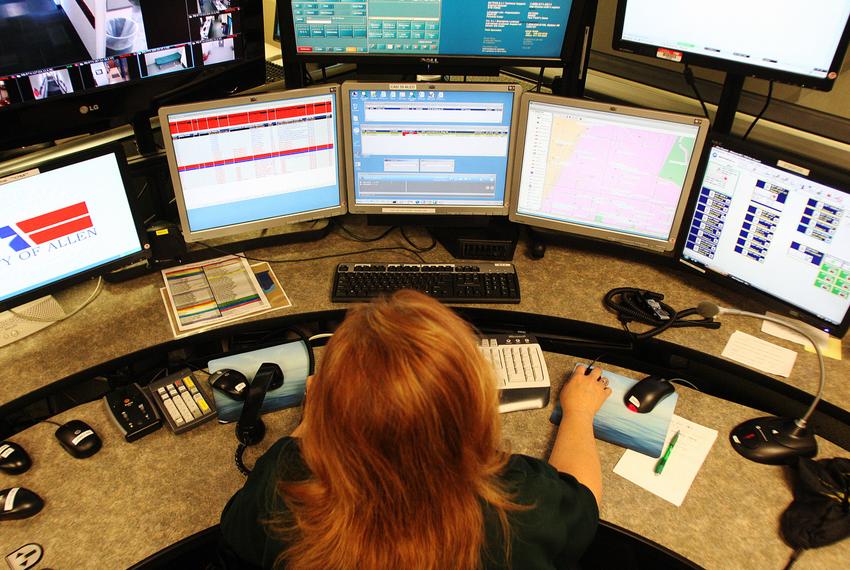 Janice Chase a 911 responder in Allen, takes a call in the 911 call center, which is located in the Allen City Hall building.