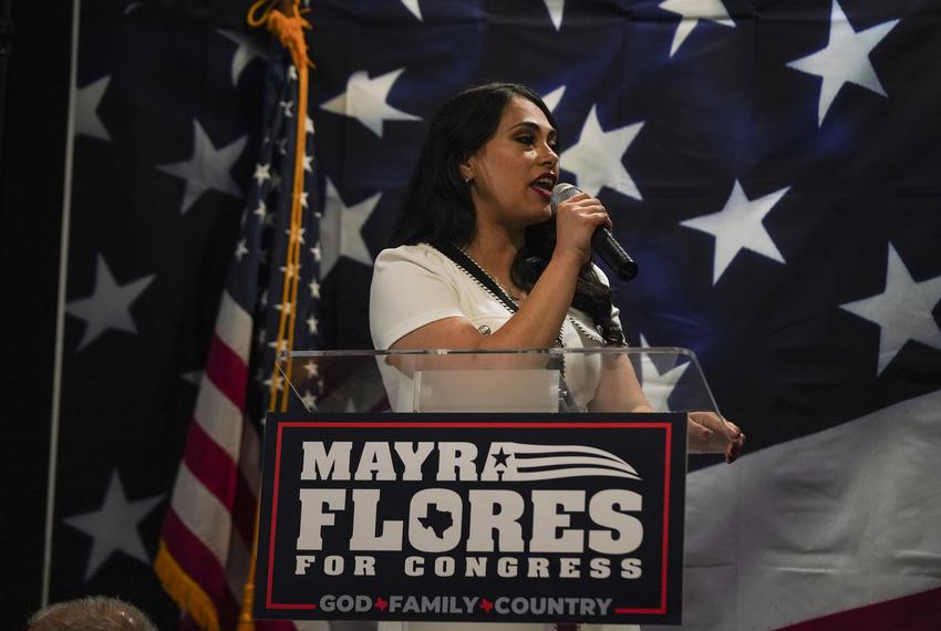 Mayra Flores, the Republican candidate for the Congressional District 34, speaks to her supporters during her watch party in Harlingen, Texas on Tuesday, Nov. 5, 2024.