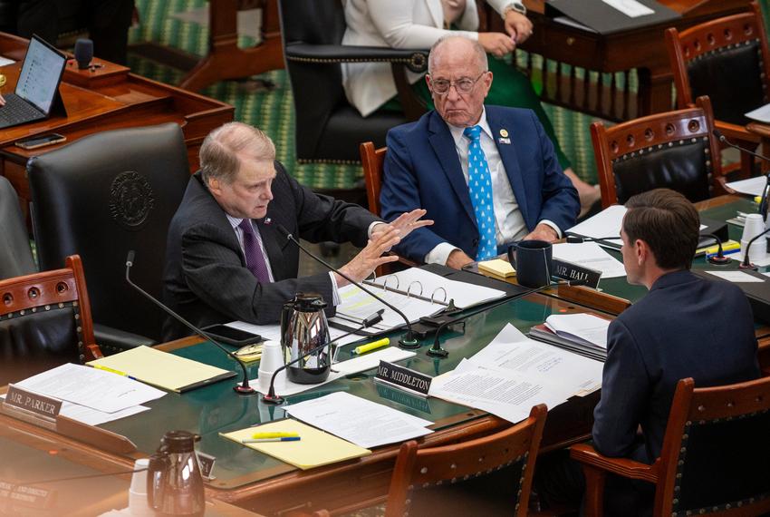 Texas Sen. Brian Birdwell R-Granbury speaks as Texas Sen. Bob Hall R-Edgewood and Texas. Sen. Mayes Middleton R-Galveston during a senate committee hearing at the Senate Chambers Monday, Aug. 4, 2025 in Austin, Texas.