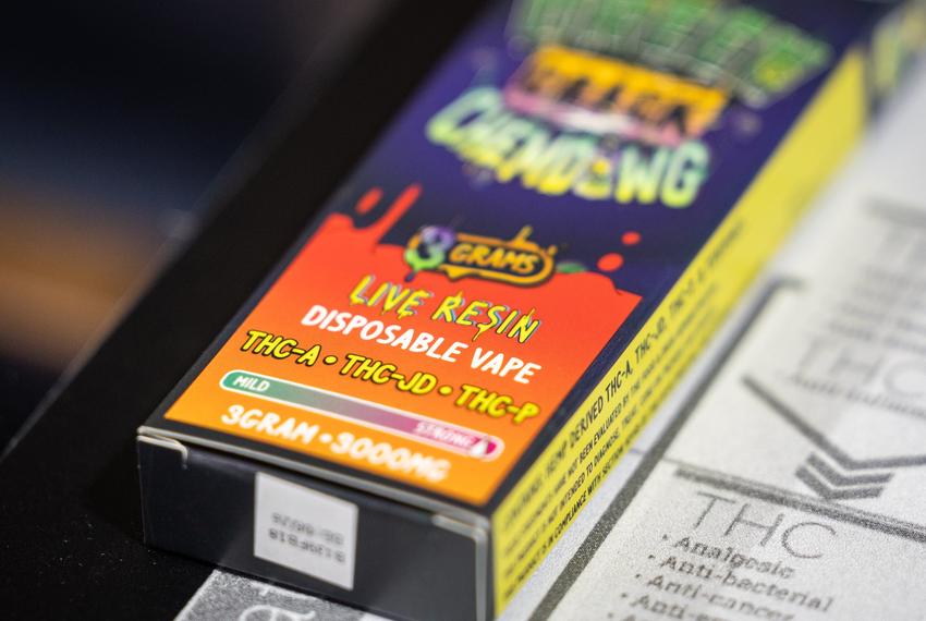 A disposable vape with resin from cannabis is pictured on Monday, July 21, 2025, at Smoke ATX off of West Slaughter Lane in Austin. The measure banning vapes containing cannabinoids was tacked on to another Texas bill prohibiting e-cigarettes disguised as pens, highlighters, smartphones or other products commonly seen in schools.