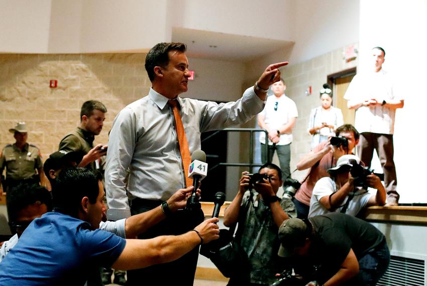 State Sen. Roland Gutierrez, D-San Antonio, whose district includes Uvalde, interrupted a news conference held by Texas Governor Greg Abbott at Uvalde High School, three days after a gunman killed nineteen children and two adults in a mass shooting at Robb Elementary School, on May 27, 2022.