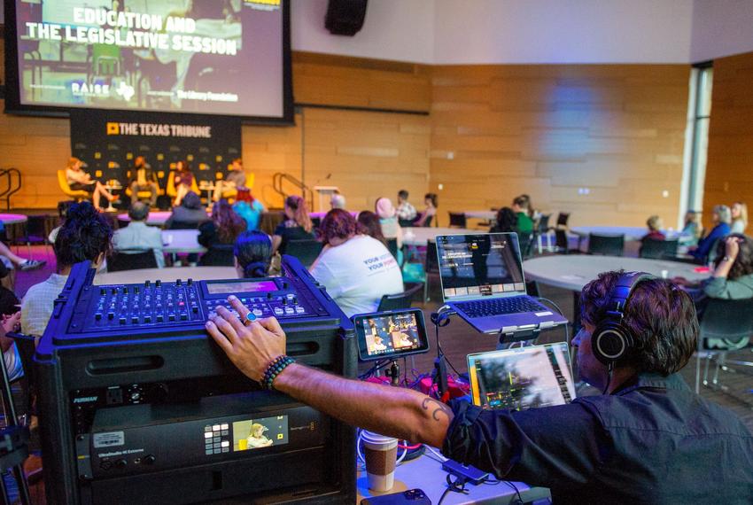 Texas Tribune AV engineer Chris Svoboda works behind the scenes during Trib Cast live: EDU and SESSION at the Austin Central Library on June 11, 2025 in Austin, Texas.