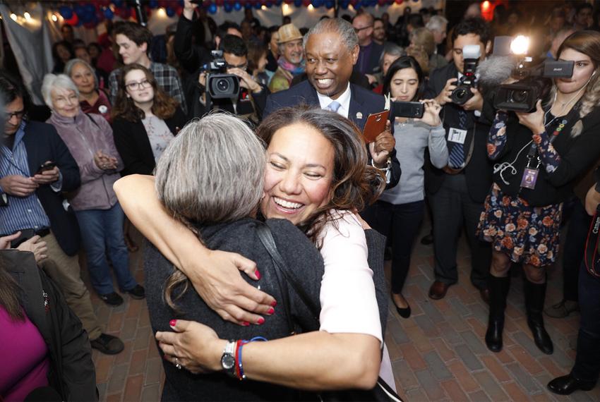 Veronica Escobar, a Democratic candidate for the U.S. House, celebrates early voting results with supporters at her primary election watch party in El Paso on Tuesday, March 6, 2018.