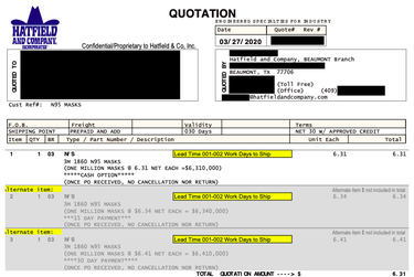 A sales quotation provided to an oil company by Hatfield and Company shows an offer to sell 1 million N95 masks for more than $6.3 million cash, or $6.4 million if payment was made within 30 days.