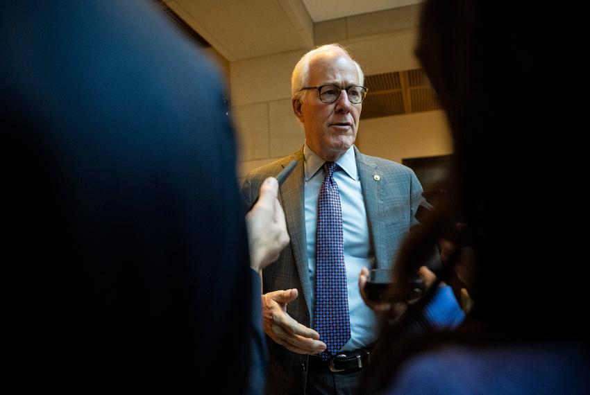 U.S. Sen. John Cornyn speaks to reporters after a briefing on Ukraine and additional funding requests at the U.S. Capitol in Washington on Tuesday, Dec. 5, 2023.