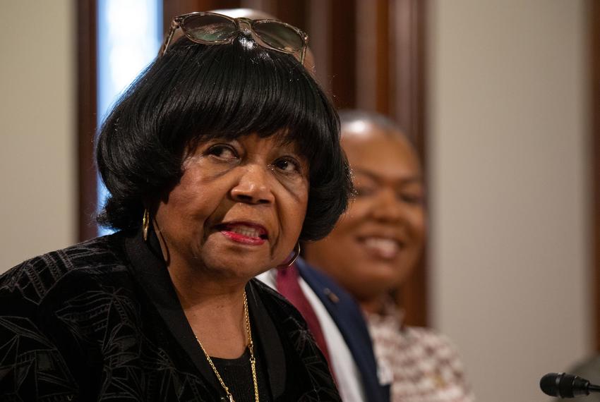 State Rep. Alma Allen, D-Houston, at a press conference with fellow Texas Legislature Black Caucus members urging the passage of the CROWN act, prohibiting discrimination against hairstyles, in the state Capitol on Apr. 13, 2023.