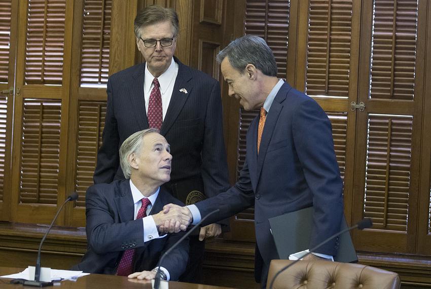 The three leaders of Texas make nice at a short Cash Management Committee meeting in the Betty King Room of the Texas Capitol on July 18, 2017, the first day of the special session. 