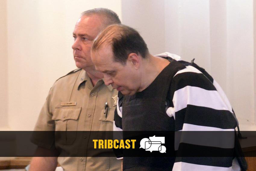 Shackled and chained, Robert Roberson is led out of court by an Anderson County Sheriff’s Office deputy on July 16, 2025 in Palestine.