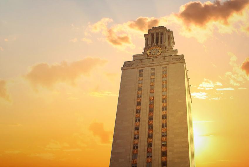 A look at the sun setting over the University of Texas at Austin Tower in 2011.