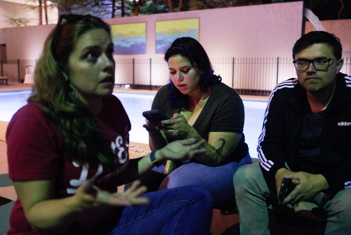 Cardenas talks with her TSTA colleagues by the hotel pool. “Having that group, like the support of the teachers, is very important — like to have a group of friends that you can talk to about what’s going on,” Cardenas said.