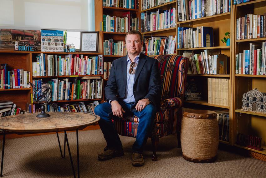 WOODSON, TEXAS — JULY 29, 2025: Casey Adams, superintendent of Woodson Independent School District (ISD), poses for a portrait at the Woodson ISD library in Woodson, Texas, on Tuesday, July 28, 2025. The district adopted a four-day school week model during the 2019–20 school year. CREDIT: Desiree Rios for The Texas Tribune