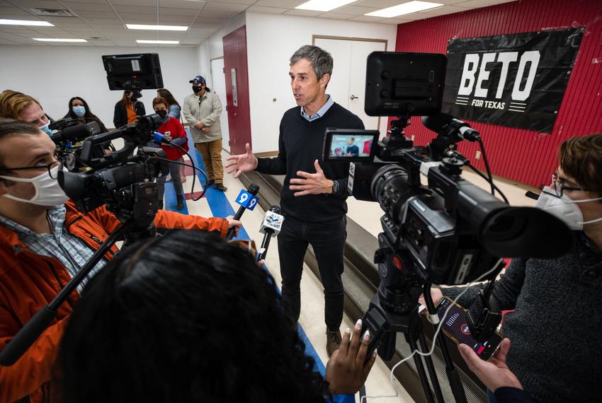 Gubernatorial candidate Beto O’Rourke answers questions from journalists following a town hall as part of his ‘Keeping the Lights On’ road trip on Feb. 4, 2022 in Odessa.