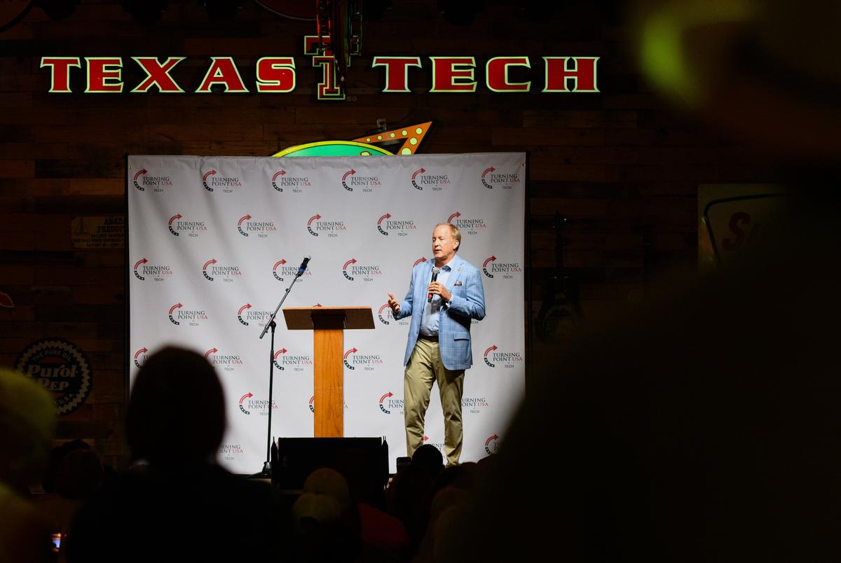 Texas Attorney General and US Senate candidate Ken Paxton speaking at Turning Point USA at Cook's Garage in Lubbock, Texas on October 7, 2025.