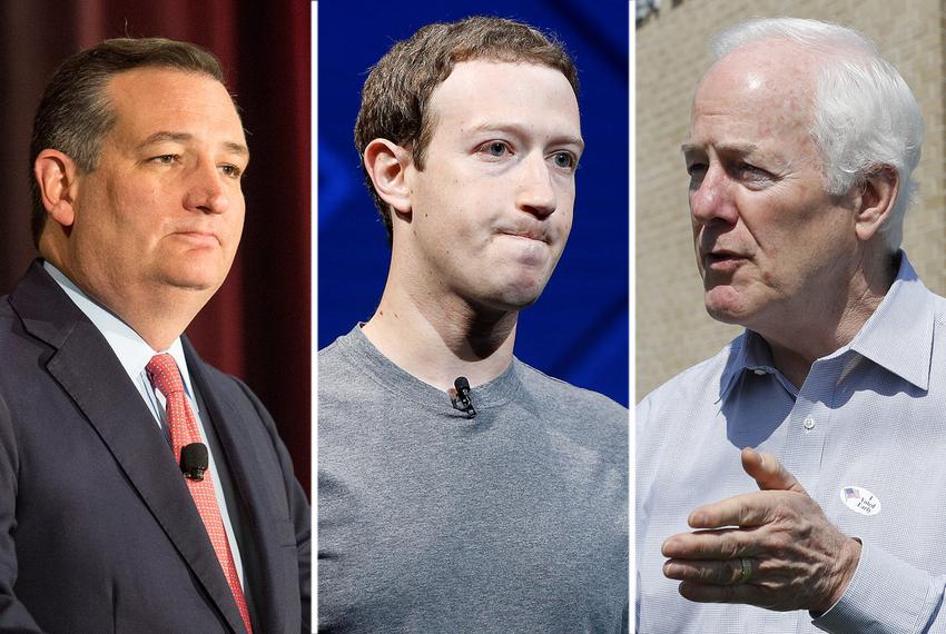 U.S. Sen. Ted Cruz, Facebook CEO Mark Zuckerberg and U.S. Sen. John Cornyn.