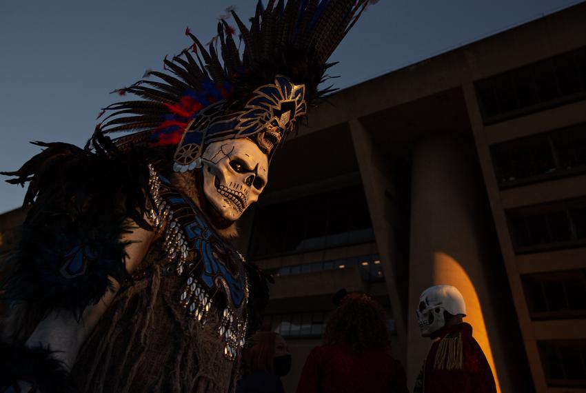 People attend the Día de Los Muertos parade at the Dallas City Hall in Dallas, TX on October 30, 2021.