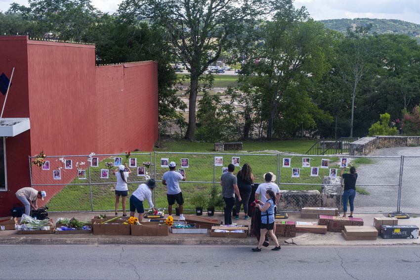 People start to prepare a memorial for the Hill Country flood victims in Downtown Kerrville on Wednsday July 9, 2025 in Kerrville, Texas.