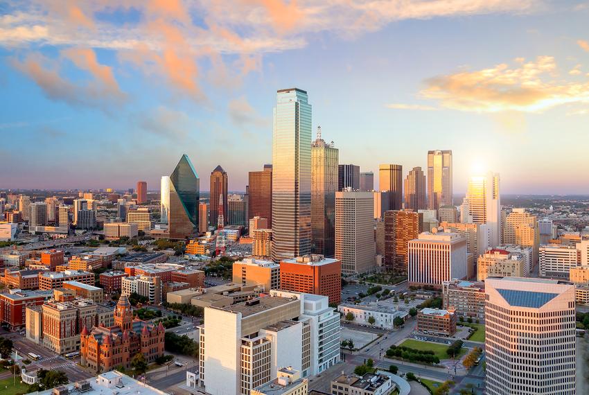 Dallas city skyline at sunset. 