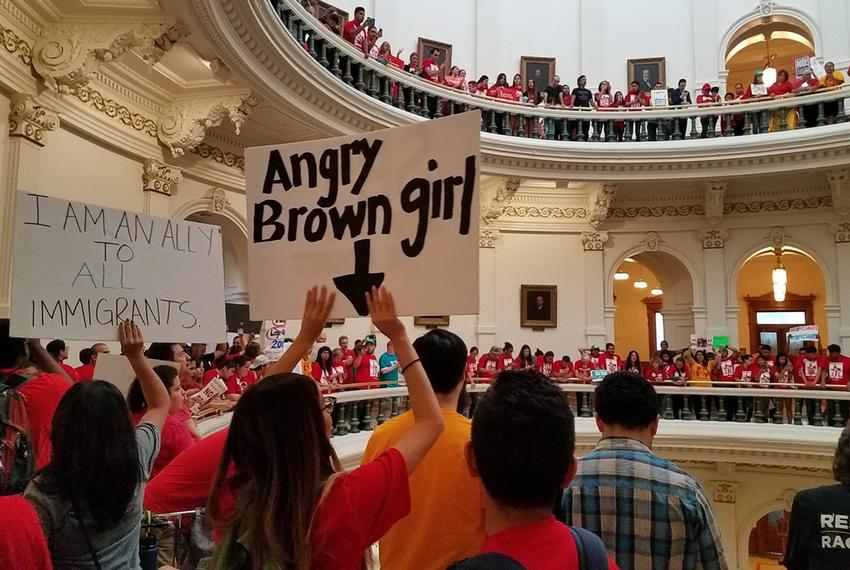 On the last day of the 85th legislative session, protesters opposed to Senate Bill 4 — the "sanctuary cities" law — fill up the rotunda of the state Capitol in Austin on May 29, 2017.