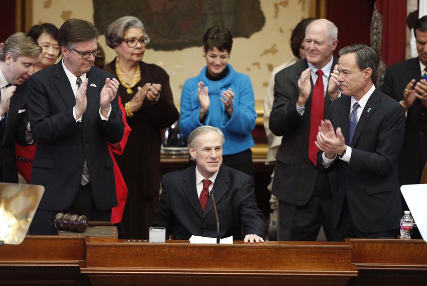 Gov. Greg Abbott prepares to deliver his State of the State address, flanked by (l.-r.) Lt. Gov. Dan Patrick, state Rep. Senfronia Thompson, D-Houston, state Sens. Donna Campbell, R-San Antonio, and Kel Seliger, R-Amarillo, and House Speaker Joe Straus.