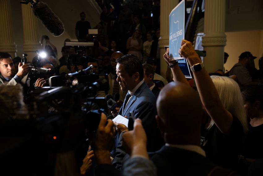 Rep. Gene Wu, D-Houston, speaks with press outside of the Texas House on Aug. 18, 2025. Wu led the democrats in Chicago, where they fought to prevent redistricting in Texas.