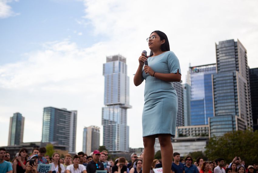 Jessica Cisneros introduces U.S. Sen. Elizabeth Warren, D-Massachussets, at Warren's town hall in Austin, Sept. 10, 2019. Warren announced her endorsement to Cisneros' campaign against U.S. Rep. Henry Cuellar, D-Laredo, on Sept 11, 2019.