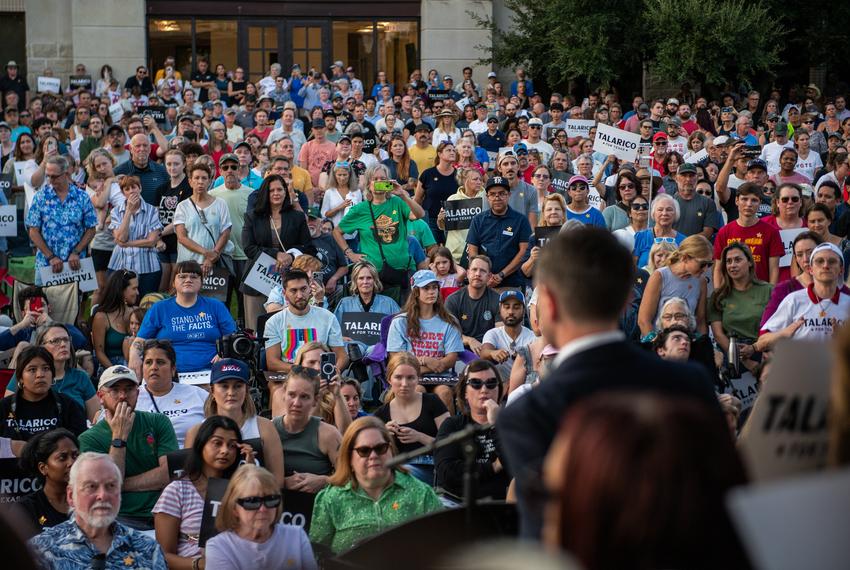 People listen to Texas Rep. James Talarico D-Austin speak during a campaign kick-off rally at Centennial Plaza on Tuesday, Sept. 9, 2025 in Round Rock, Texas.