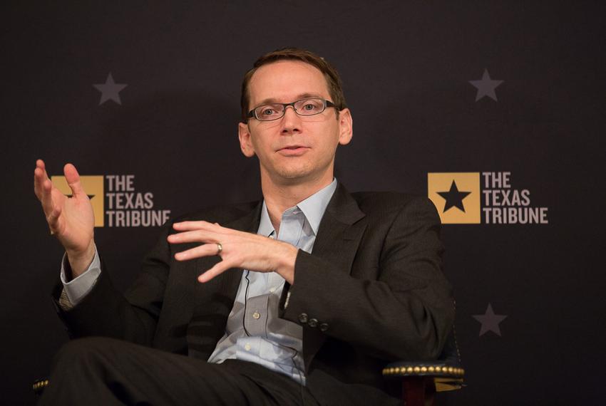 Texas Education Commissioner Mike Morath, right, discusses public education with Texas Tribune CEO Evan Smith at the Austin Club in Austin on May 17, 2016.