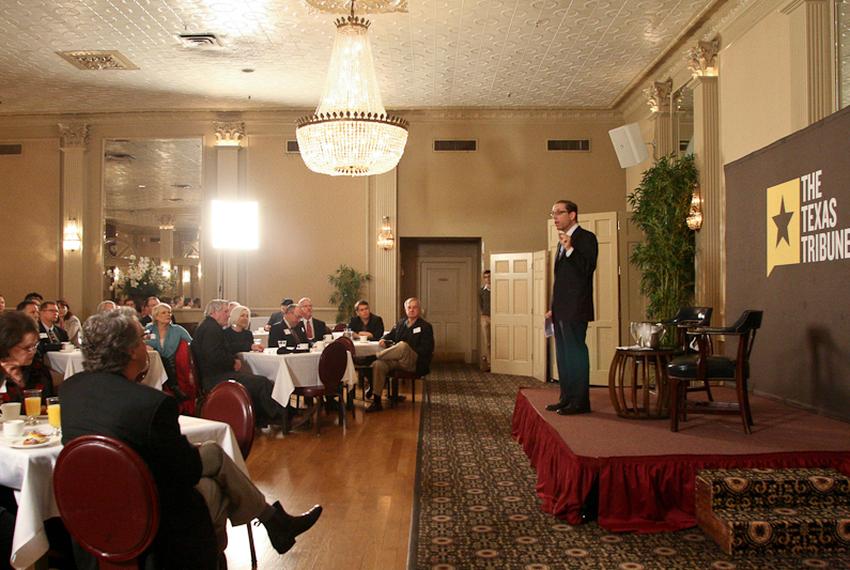 Evan Smith speaks to the crowd during TribLive, a monthly conversation with Texas public officials.