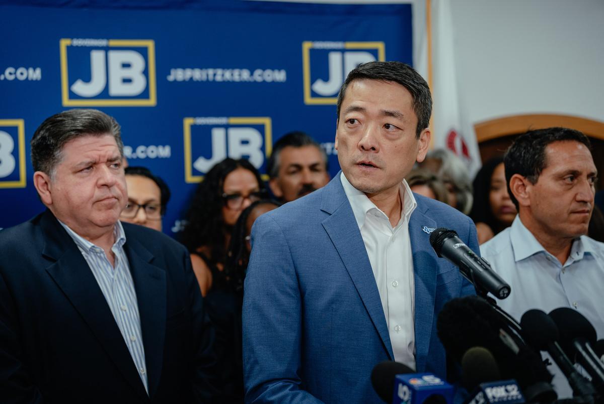 Texas House Democratic Caucus Chair Gene Wu, D-Houston, speaks during a press conference alongside dozens of fellow Texas lawmakers and Illinois Gov. J.B. Pritzker in Carol Stream, Ill., on Sunday, Aug. 3, 2025. Members of the Texas House Democratic Caucus announced they fled the state to block a quorum and halt a Trump-backed redistricting effort. The lawmakers regrouped in Illinois to prevent the Texas Legislature from advancing a mid-decade congressional map.