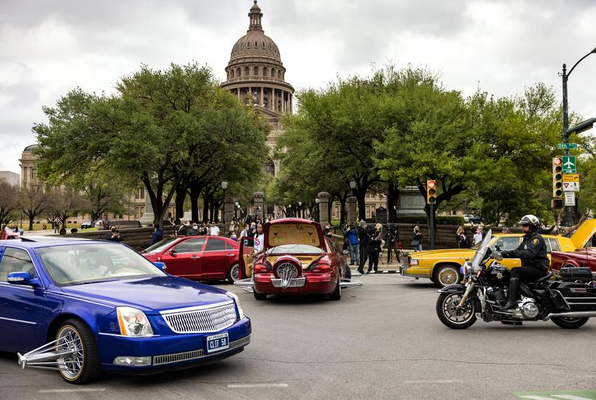 A group of “SLAB Riders” from Houston drove to the Texas Capitol in Austin to participate in a rally in support of the George Floyd Act, which seeks to reform policing in Texas, on April 3, 2021.