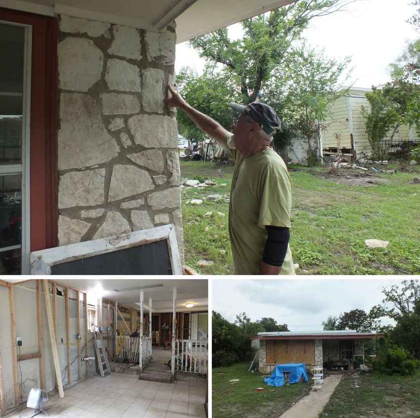 Top: Daniel Olivas points to the height reached by the flood that struck on July 4. Bottom: The exterior and interior of Olivas’ home, which he is now planning to rebuild on piers.