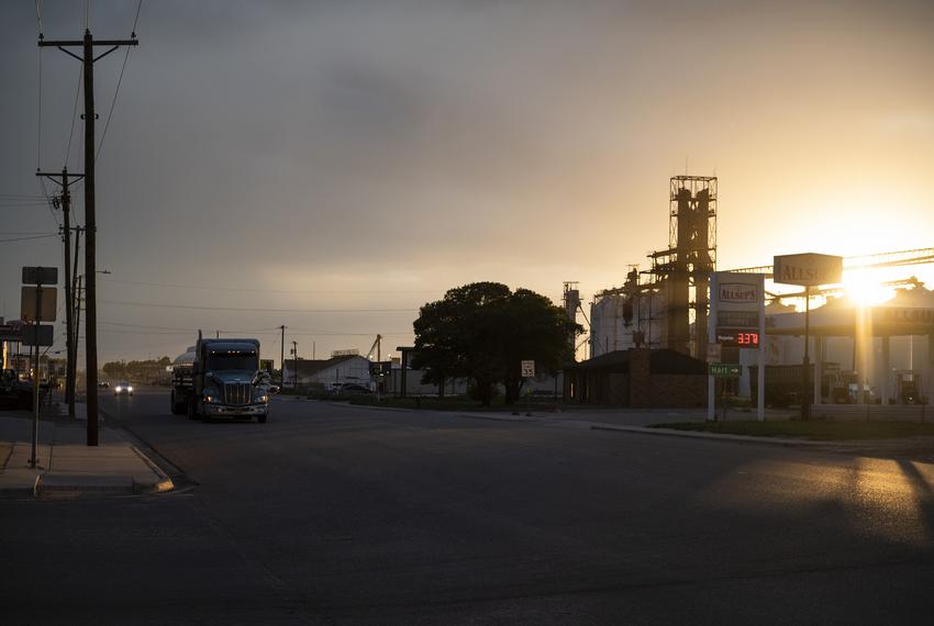 A truck drives through Olton Monday, July 10, 2023, in Olton, Texas. (Justin Rex for The Texas Tribune)