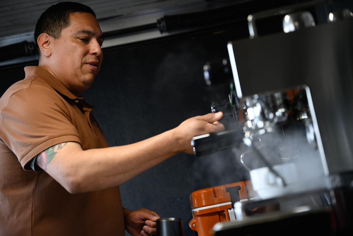 Homebrew Coffee Co. owner Fabian Maldonado prepares to steam milk for a latte Thursday, Sept. 14, 2023 in Odessa.