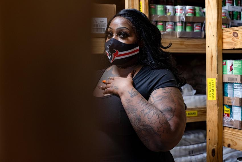 Quinn Smoot poses for a portrait at West Houston Assistance Ministries which runs a food pantry. Food banks have been a huge help to clients like Smoot during the pandemic, but several sources of food and money from federal and state governments are ending soon. Dec. 4, 2020. 