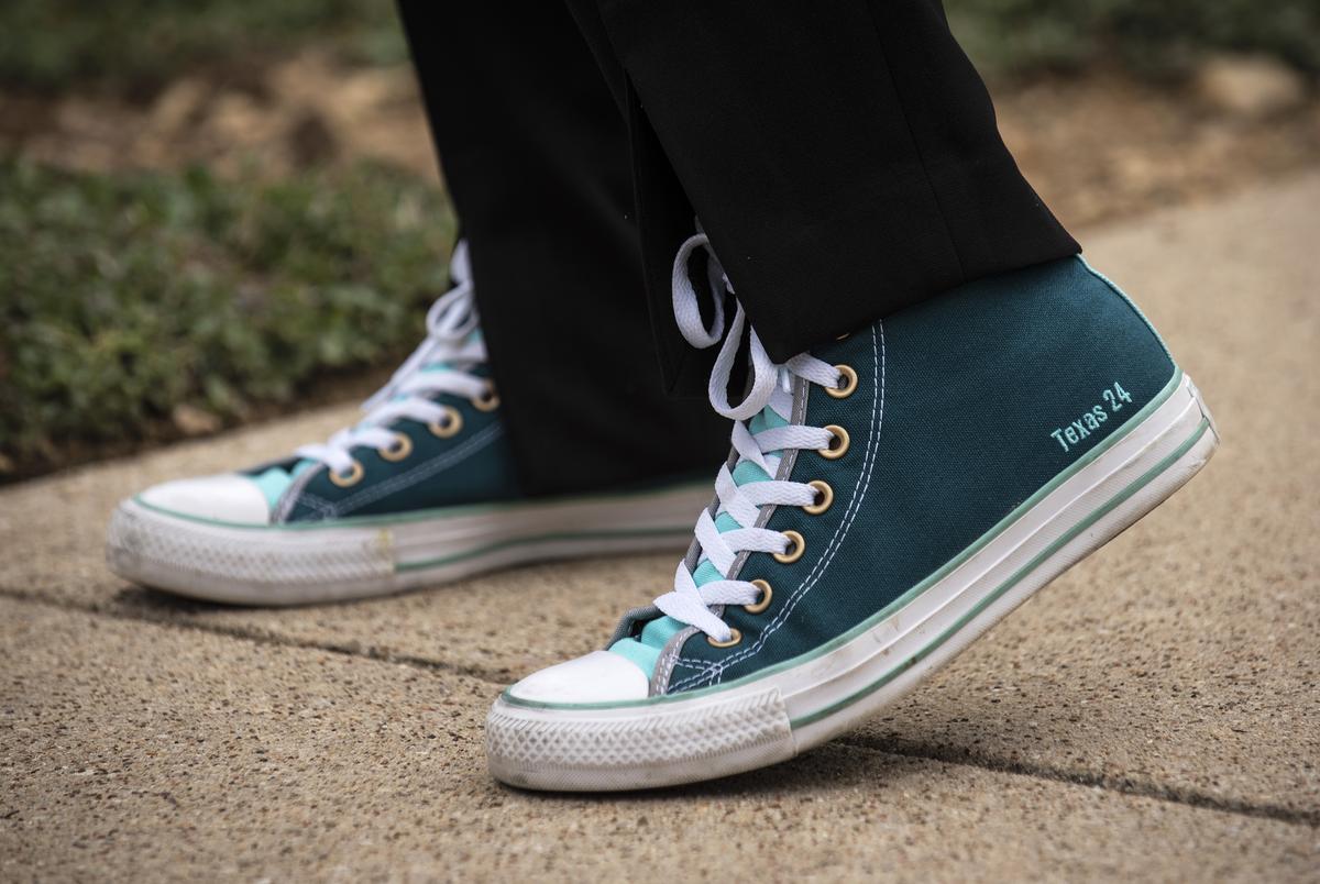 Candace Valenzuela, candidate for Texas' 24th Congressional District, sports her custom Converse shoes with 