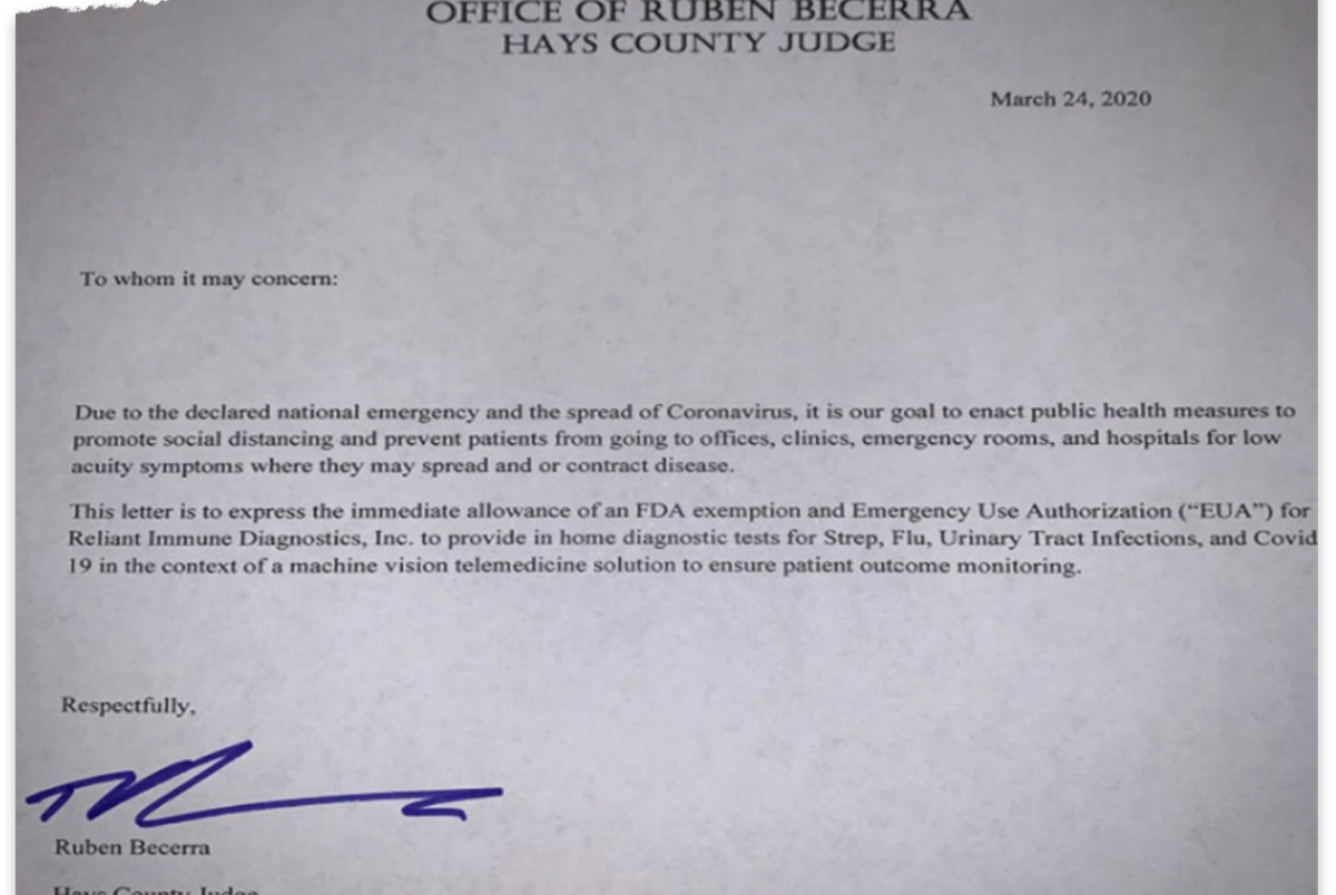 Becerra appears to have issued an emergency use authorization for the antibody tests. The general counsel for Hays County said he has “found no evidence in the law that says a county judge can issue an EUA.”