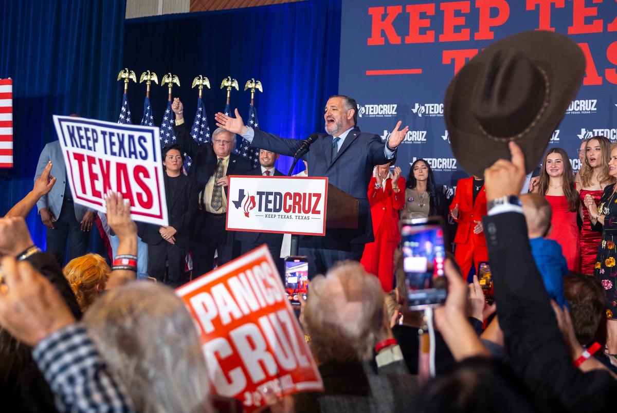 Ted Cruz celebrates on stage at his watch party on Tuesday, Nov. 5, 2024, in downtown Houston.