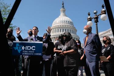 The Texas House Democrats breaking quorum in the nation’s capital host a press conference alongside Sen. Jeff Merkley (D-OR) and grassroots organizers at the United States Capitol in Washington, DC on Friday, August 6, 2021. Friday is both the anniversary of the signing of the Voting Rights Act, and the last day of the special session of the Texas Legislature. At the event, Texas House Democrats address their victory in killing the Texas Republicans’ anti-voter measures back home, and their successes in helping to move federal voter protection legislation.