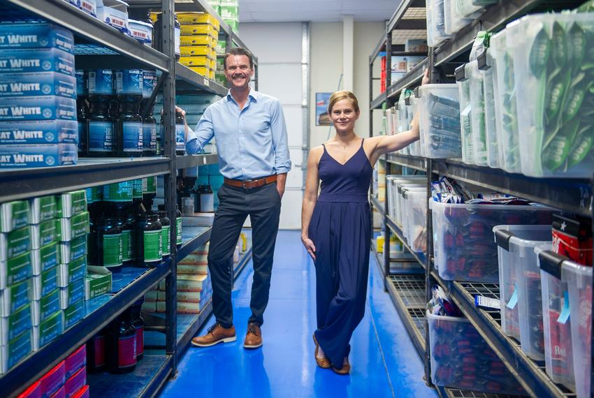 Owners Tiffini and Jeremy Steding pose for a portrait inside the 1836 Kratom warehouse and headquarters Friday, Aug. 8, 2025 in Pflugerville, TX. 1836 Kratom started in 2017 after the couple’s own journey with Kratom.