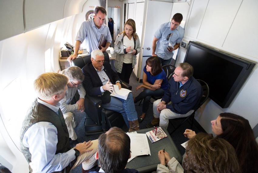 Vice President Mike Pence on board Air Force 2 en route to survey damage from Harvey with Cabinet Secretaries Rick Perry (to Pence's immediate right), Elaine Chao, David Shulkin, Alexander Acosta and Acting DHS Secretary Elaine Duke.