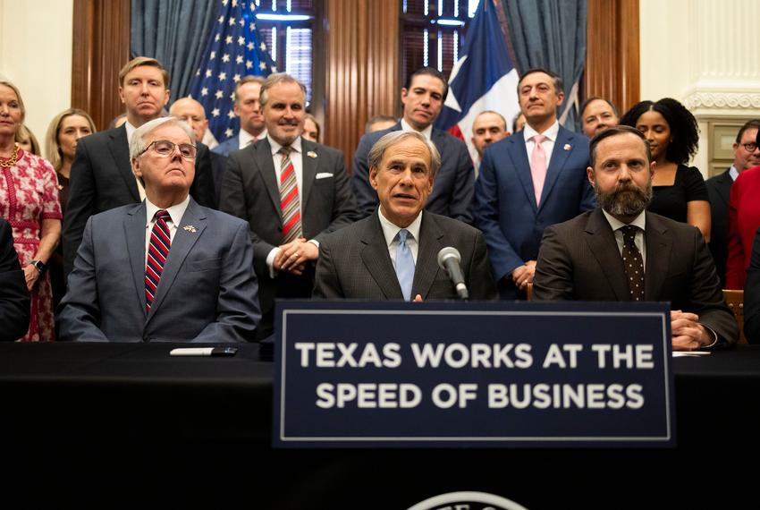 Governor Greg Abbott speaks ahead of signing a bill creating the Texas Stock Exchange on May 14, 2025. Abbott was joined by Lt. Gov. Dan Patrick and House Speaker Dustin Burrows to discuss the intention behind the bill, stating that it would aide the state in continuing economic success.