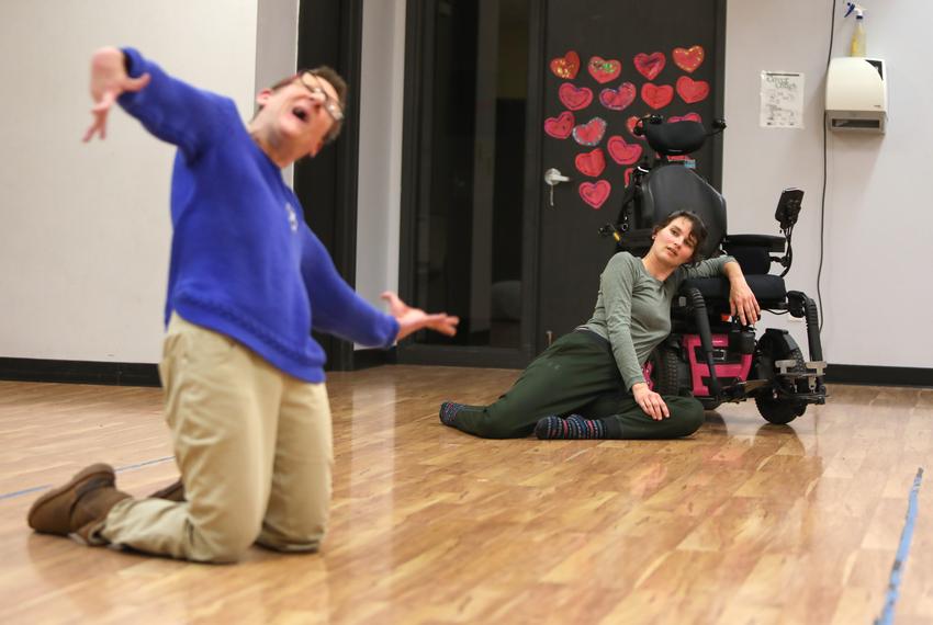 Susie Angel performing one of her solo dance sequences during Body Shift Collective's dance rehearsal at Townlake YMCA in Austin, Texas on Feb. 11, 2019.