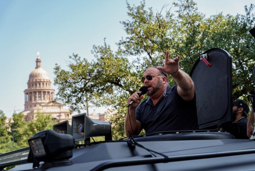 Infowars founder Alex Jones joined protestors gathered at Governor’s Mansion to protest business closures and mask mandates on Oct. 10, 2020.