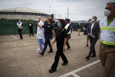 Harris County Judge Lina Hidalgo participates in a media tour of a medical shelter at NRG Park on April 11, 2020.
