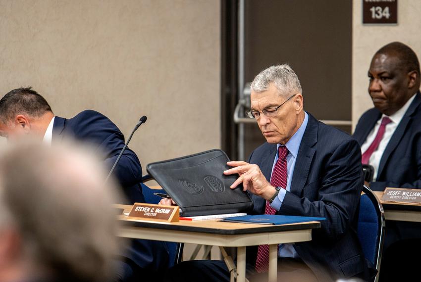 Texas Department of Public Safety Steve McCraw at a Public Safety Commission Meeting in Austin on Thursday, Oct. 27, 2022. During public testimony, families of the victims of the Robb Elementary Shooting in Uvalde called for DPS Director Steve McCraw to resign.