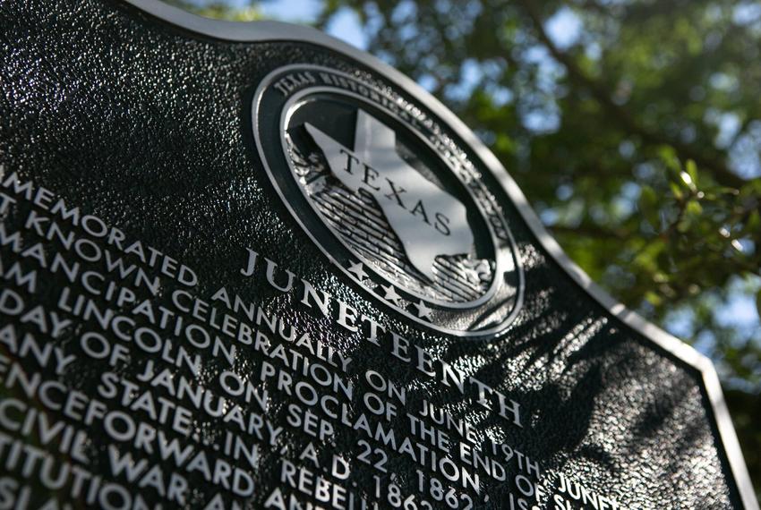 The Juneteenth historic marker is located on Strand Street in Galveston. The marker commemorates June 19, 1865, the day that Union soldiers arrived in Galveston to inform enslaved black Texans that slavery had ended, two and a half years after President Lincoln’s Emancipation Proclamation. June 15, 2020.