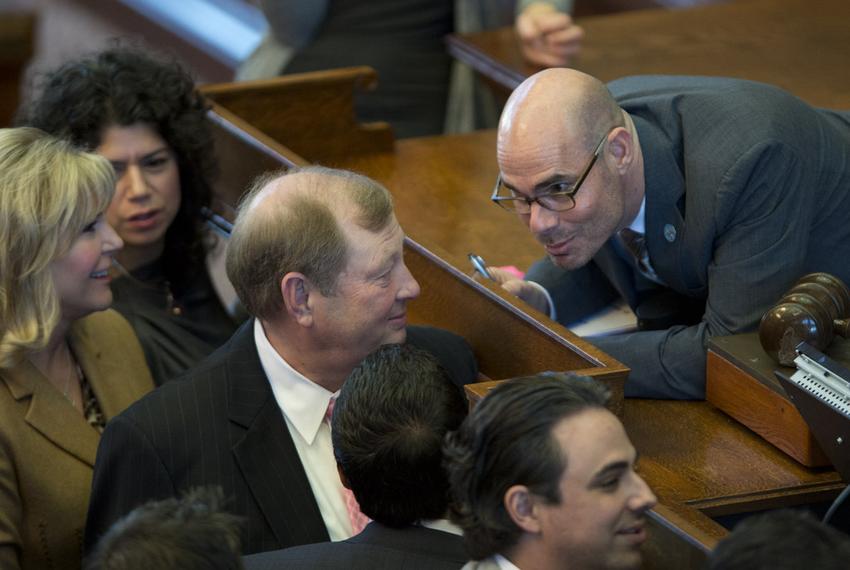 State Rep. Dennis Bonnen, R-Angleton, confers with State Rep. John Otto, R-Dayton, during a point of order called on House Bill 11 on March 18, 2015.