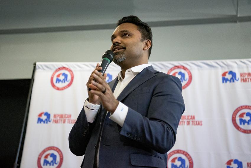 Texas GOP Chairman Abraham George speaks during a rally at the Tarrant County Republican Party Headquarters in Fort Worth, Texas on Monday, January 6, 2025.                                               
