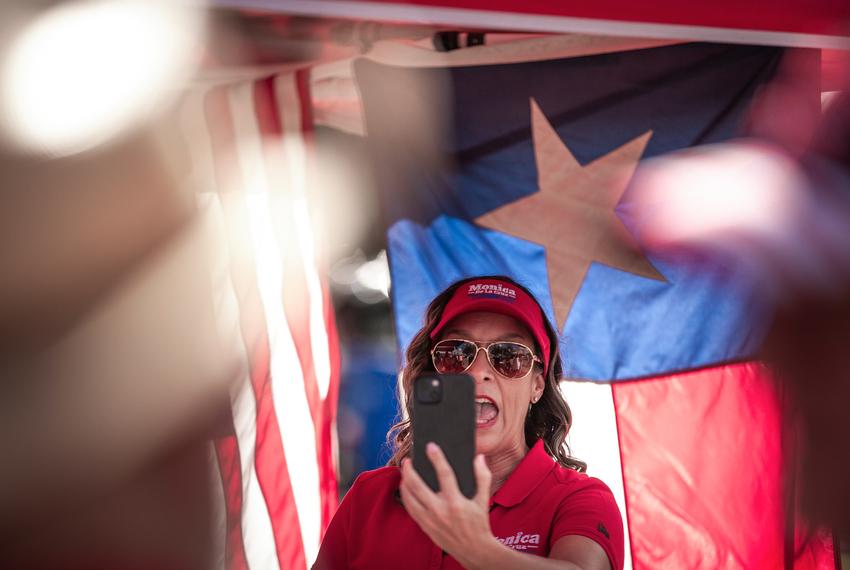 Republican candidate for Texas' 15th Congressional District Monica De La Cruz on an Instagram live video at the Lark Community Center in McAllen on Election Day, Nov. 8, 2022.